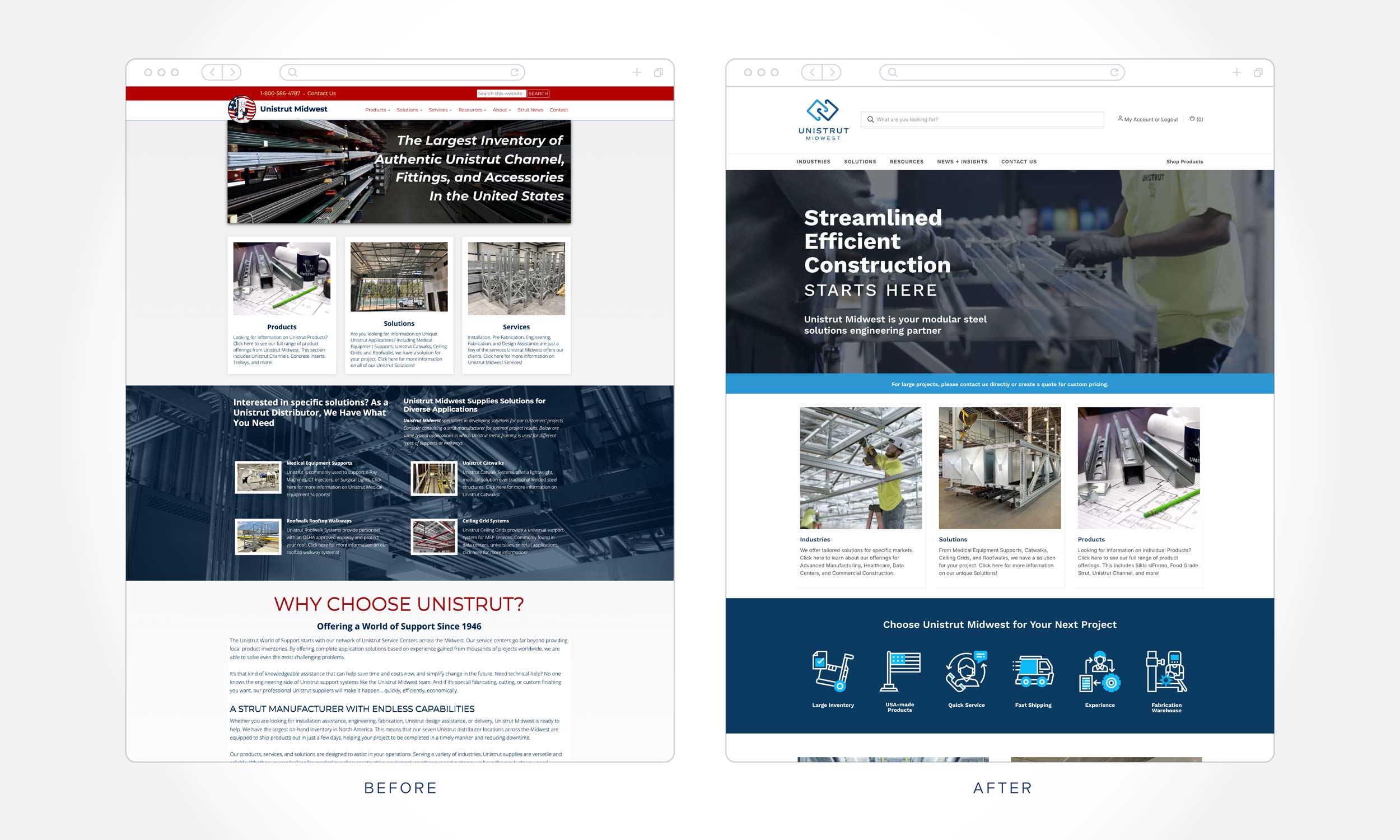 Unistrut Midwest new eCommerce website design and development. Image showing the before and after of the web design.
